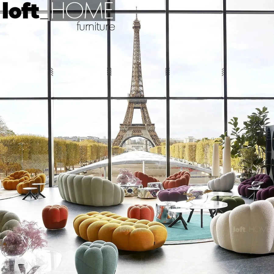 Contemporary fabric curved ottoman bubble primary product view.