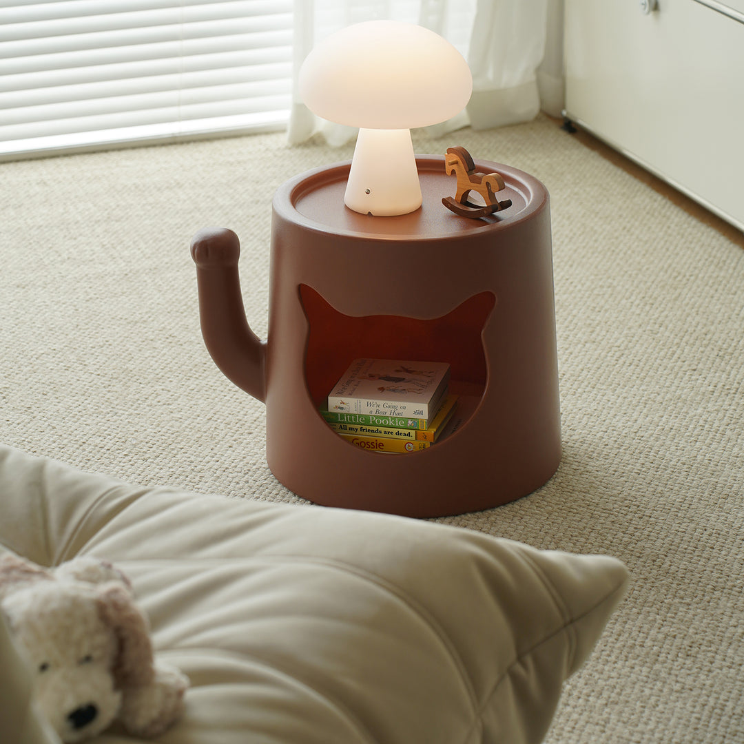 Contemporary plastic side table cat house material variants.