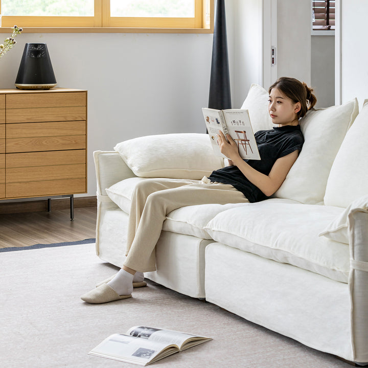 Cream cotton fabric 1 seater sofa folding ear material variants.