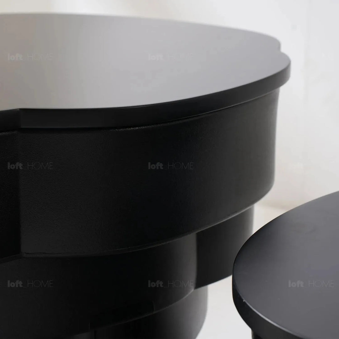 Contemporary wood coffee table parfait in close up details.