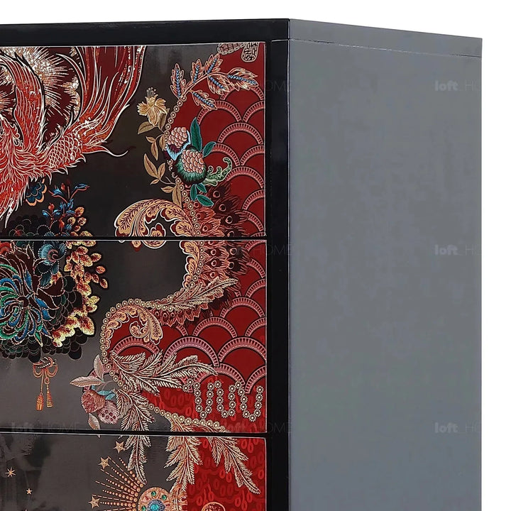 Eclectic wood drawer cabinet apsara in panoramic view.