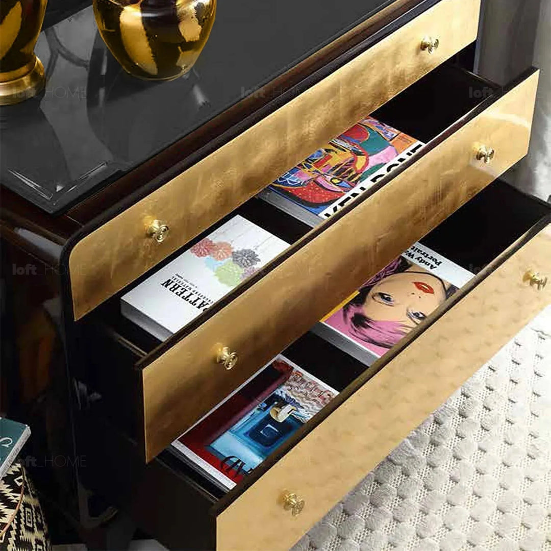 Eclectic wood drawer cabinet noirgold in real life style.