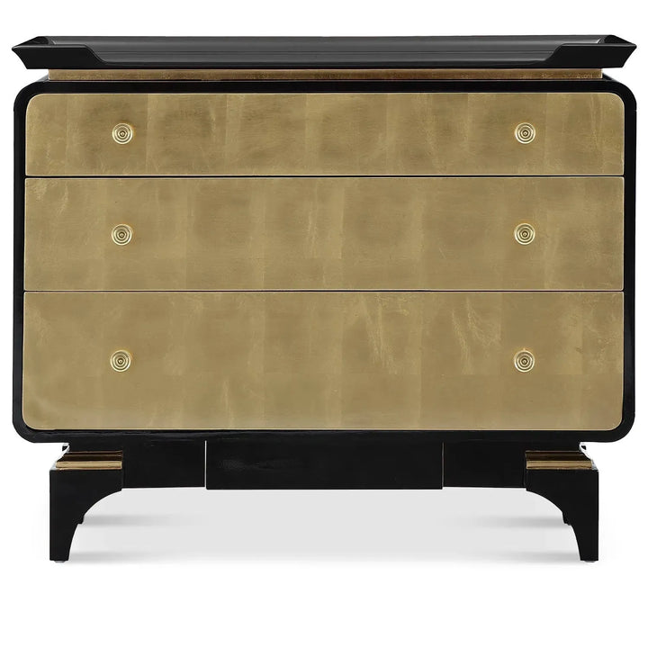Eclectic wood drawer cabinet noirgold in white background.