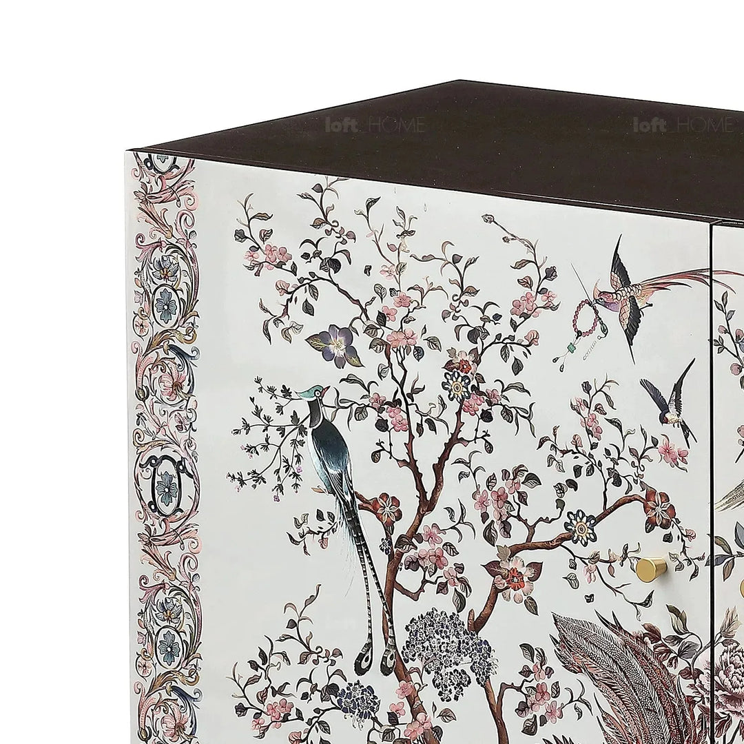 Eclectic wood storage cabinet low noblenest in panoramic view.