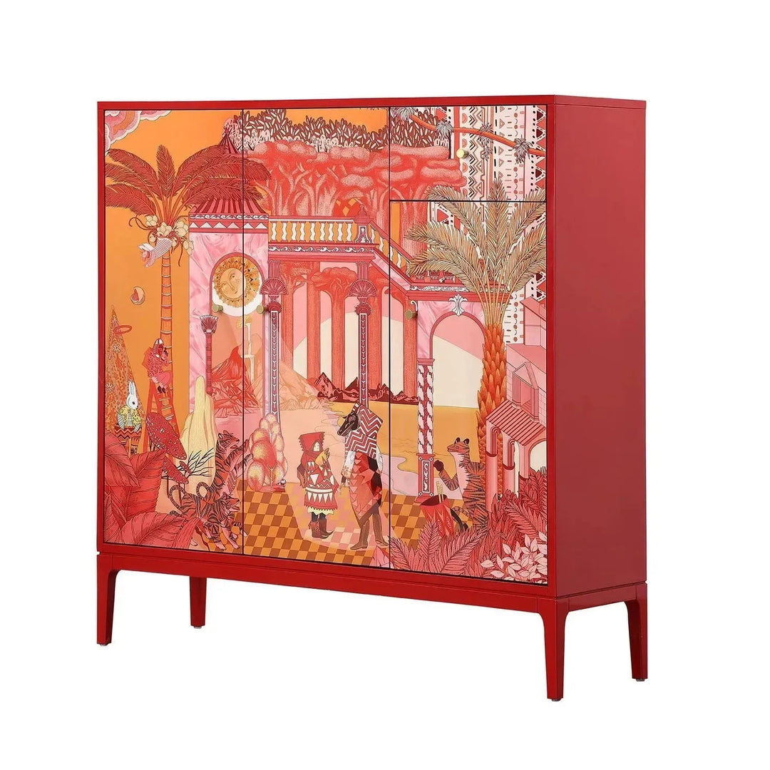 Eclectic wood storage cabinet redhood in panoramic view.