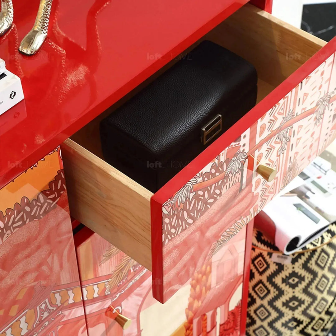 Eclectic wood storage cabinet redhood in real life style.