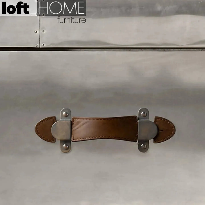 Industrial aluminium coffee table richards trunk in close up details.