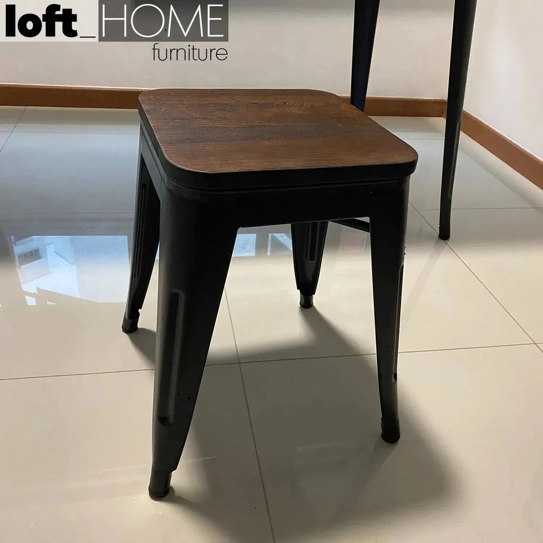 Industrial elm wood dining stool sanctum x in still life.