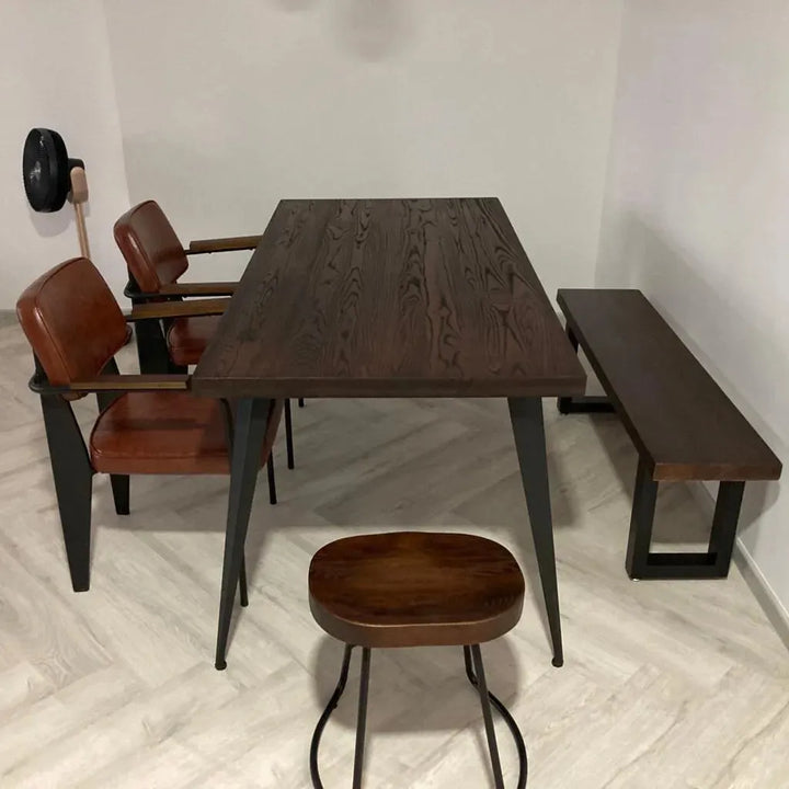 Industrial elm wood dining table sanctum classic in close up details.