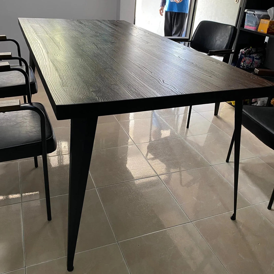 Industrial elm wood dining table sanctum classic in panoramic view.