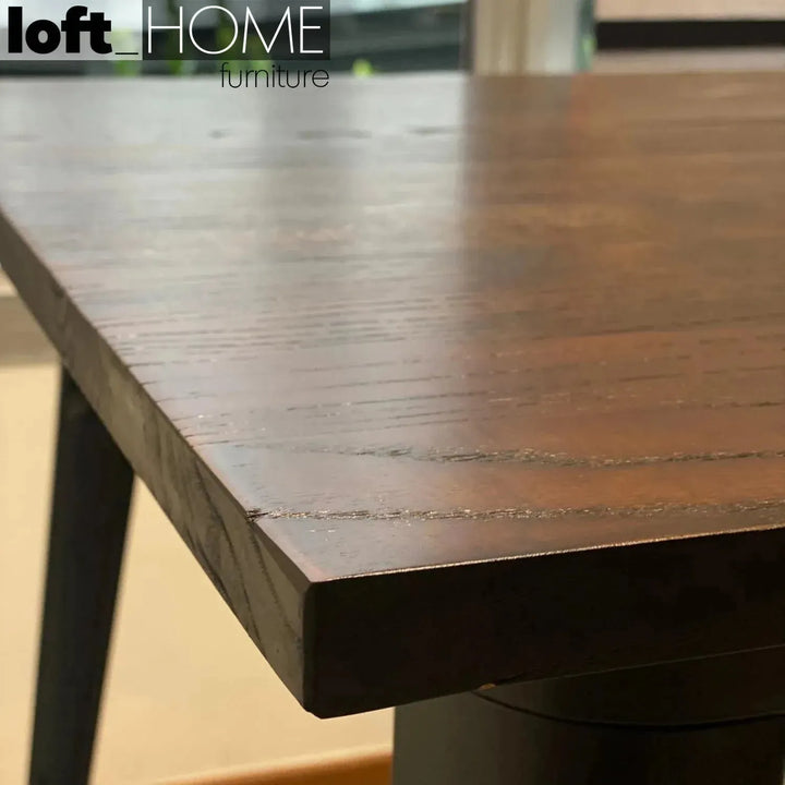 Industrial elm wood dining table sanctum x in panoramic view.