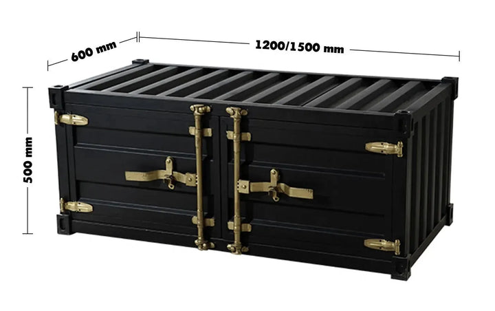 Industrial metal coffee table container size charts.