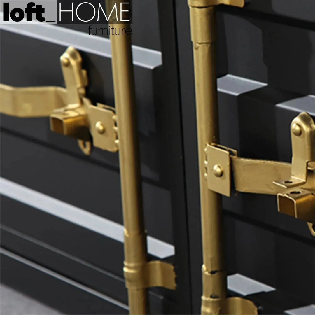 Industrial metal coffee table container in close up details.