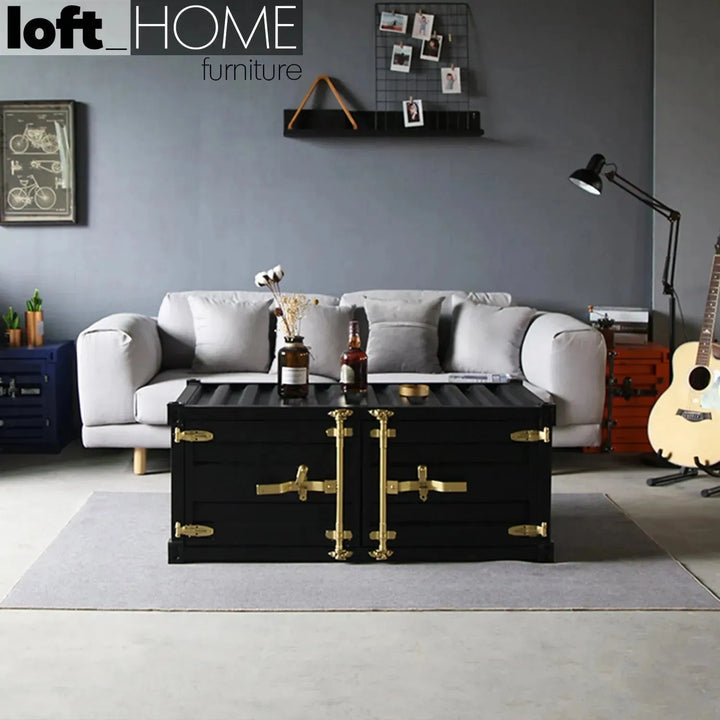 Industrial metal coffee table container in panoramic view.