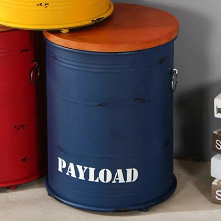 Industrial metal side table container round in details.