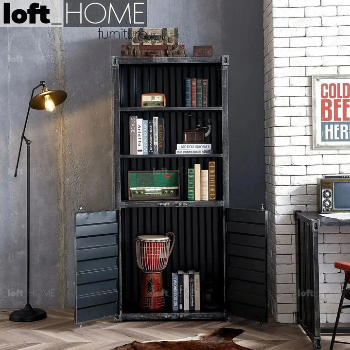 Industrial metal storage bookshelf container with context.