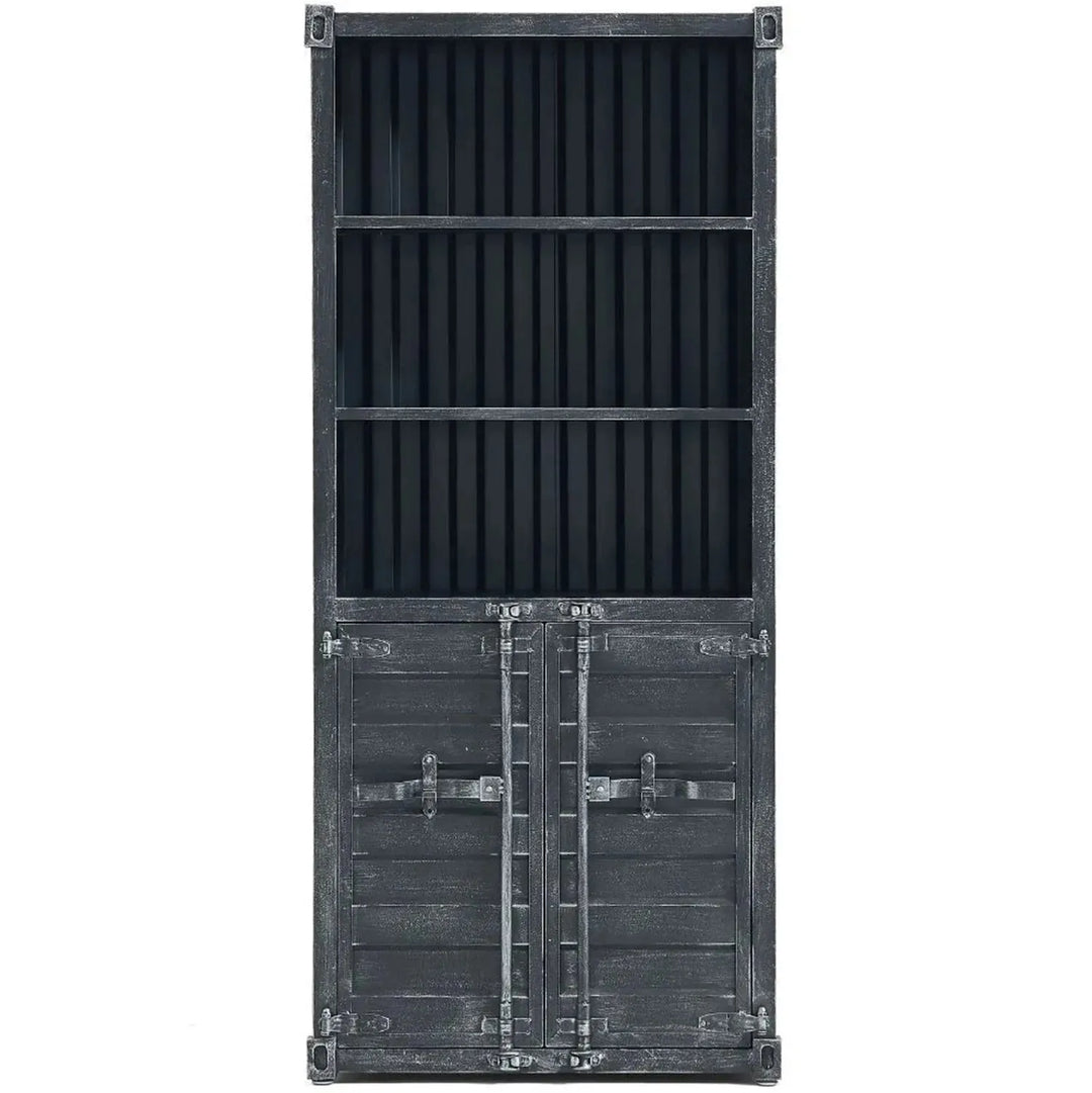 Industrial metal storage bookshelf container in white background.