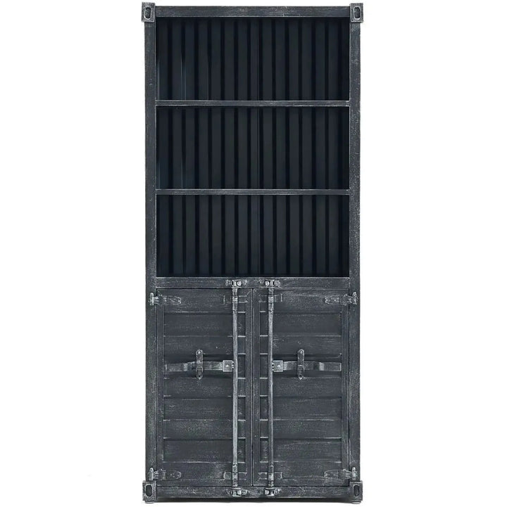 Industrial metal storage bookshelf container in white background.