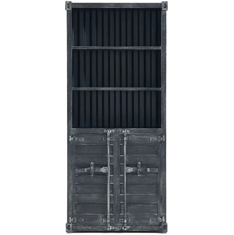 Industrial metal storage bookshelf container in white background.