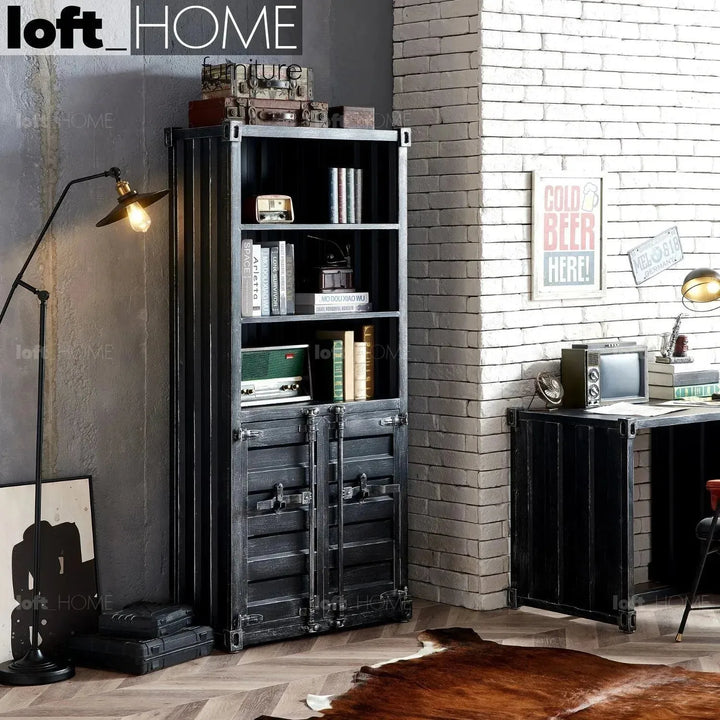 Industrial metal storage bookshelf container in real life style.