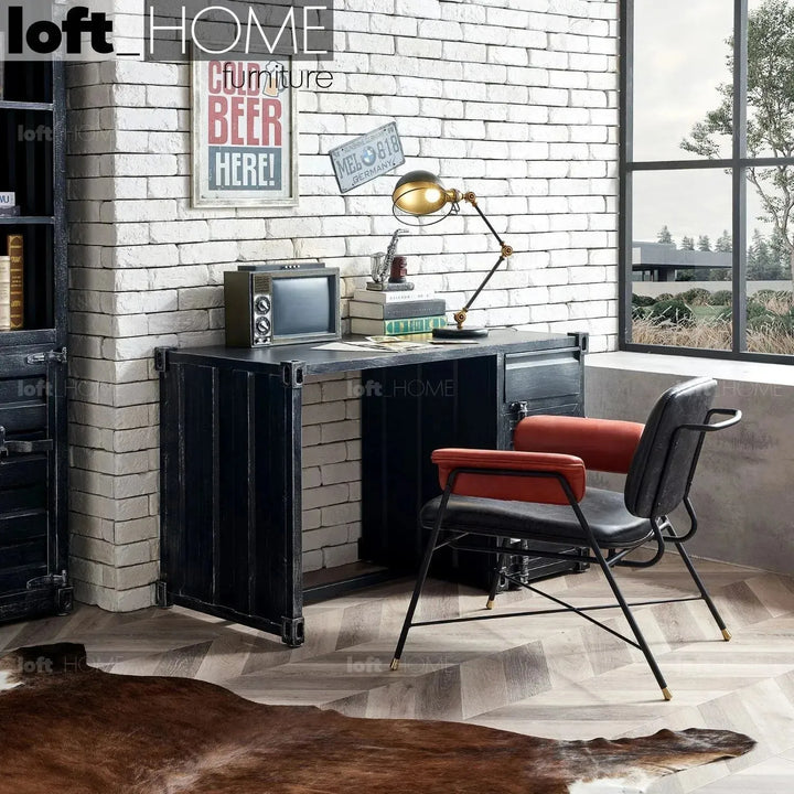 Industrial metal study table container in close up details.