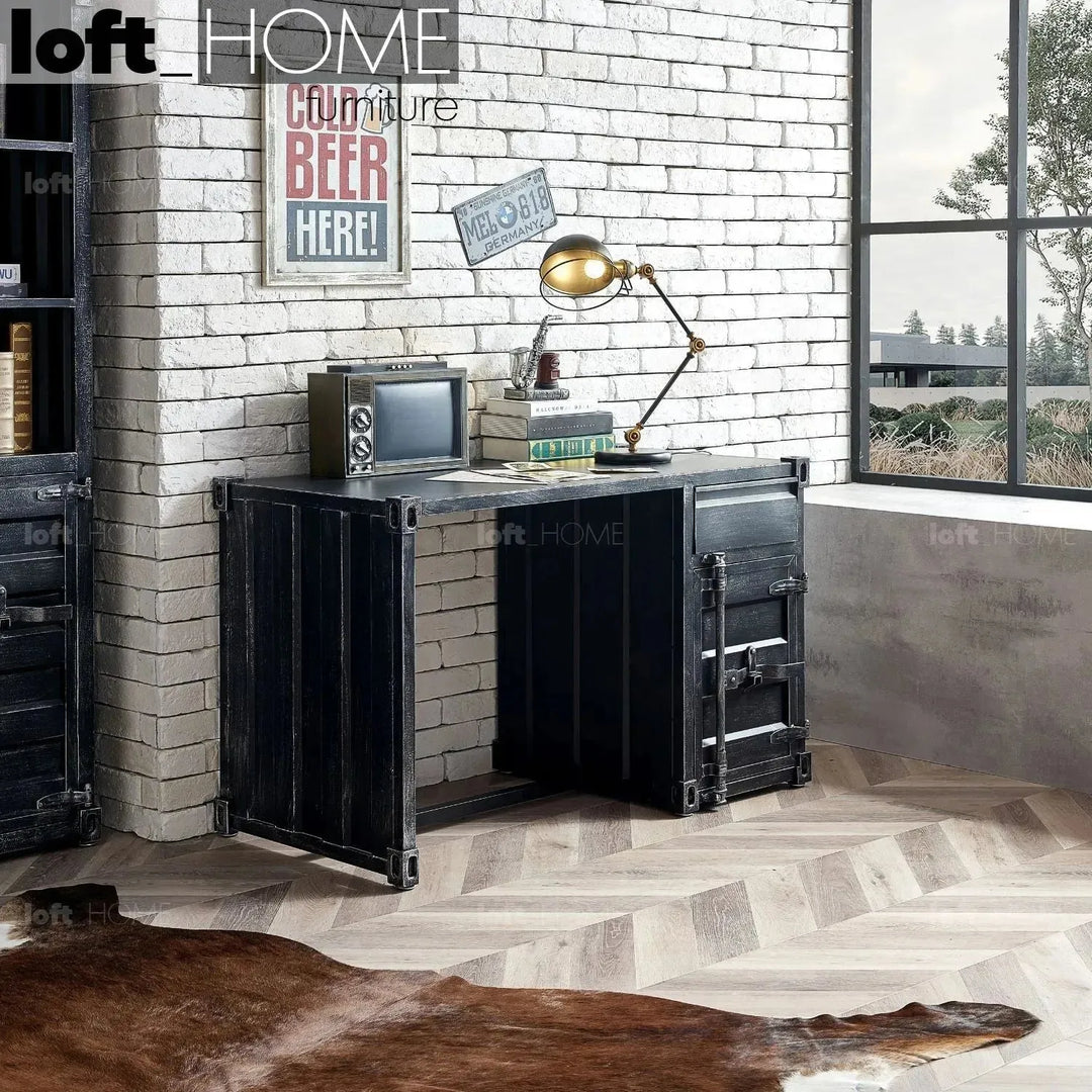 Industrial metal study table container in real life style.