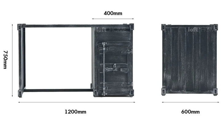 Industrial metal study table container size charts.