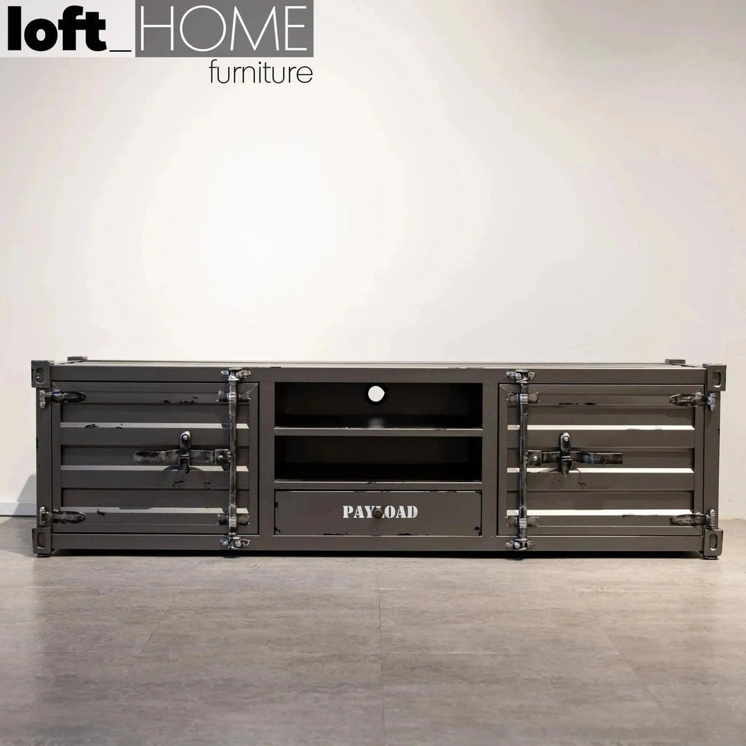 Industrial metal tv console container in real life style.