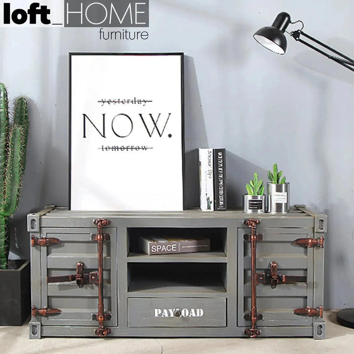 Industrial metal tv console container situational feels.