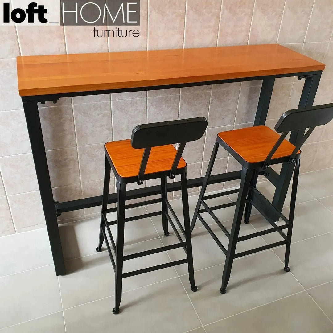 Industrial pine wood bar chair starbuck wood square in close up details.