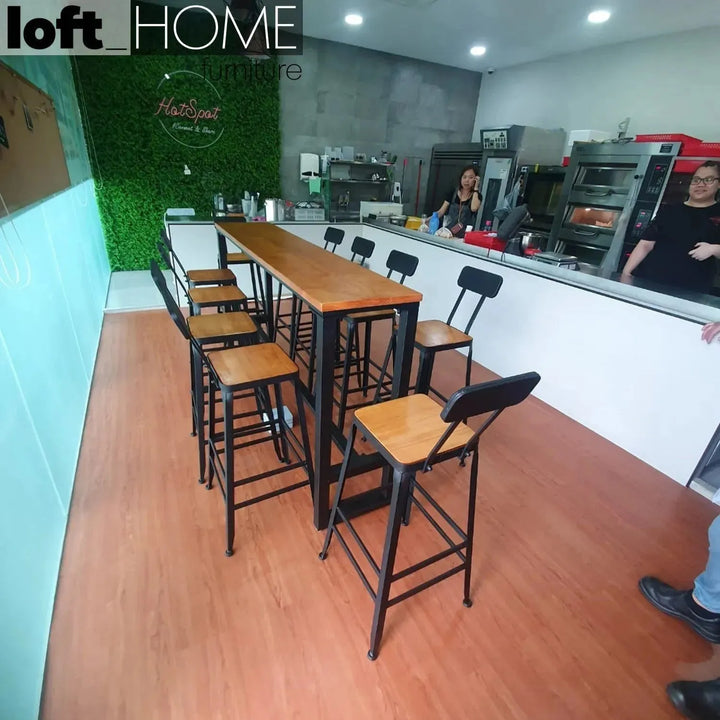 Industrial pine wood bar chair starbuck wood square in panoramic view.