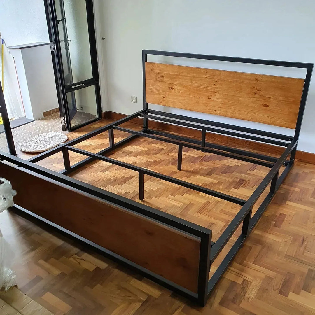 Industrial pine wood bed classic in still life.