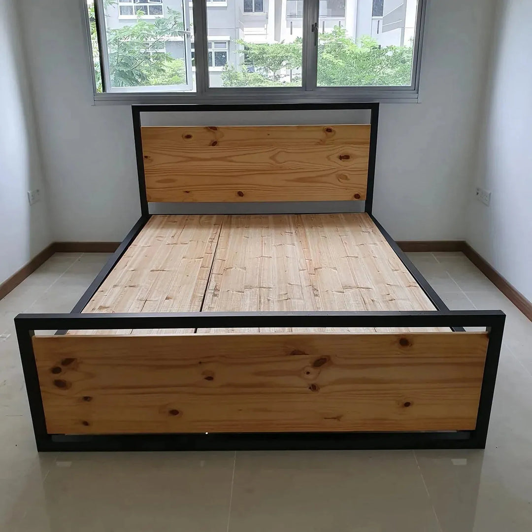 Industrial pine wood bed classic conceptual design.