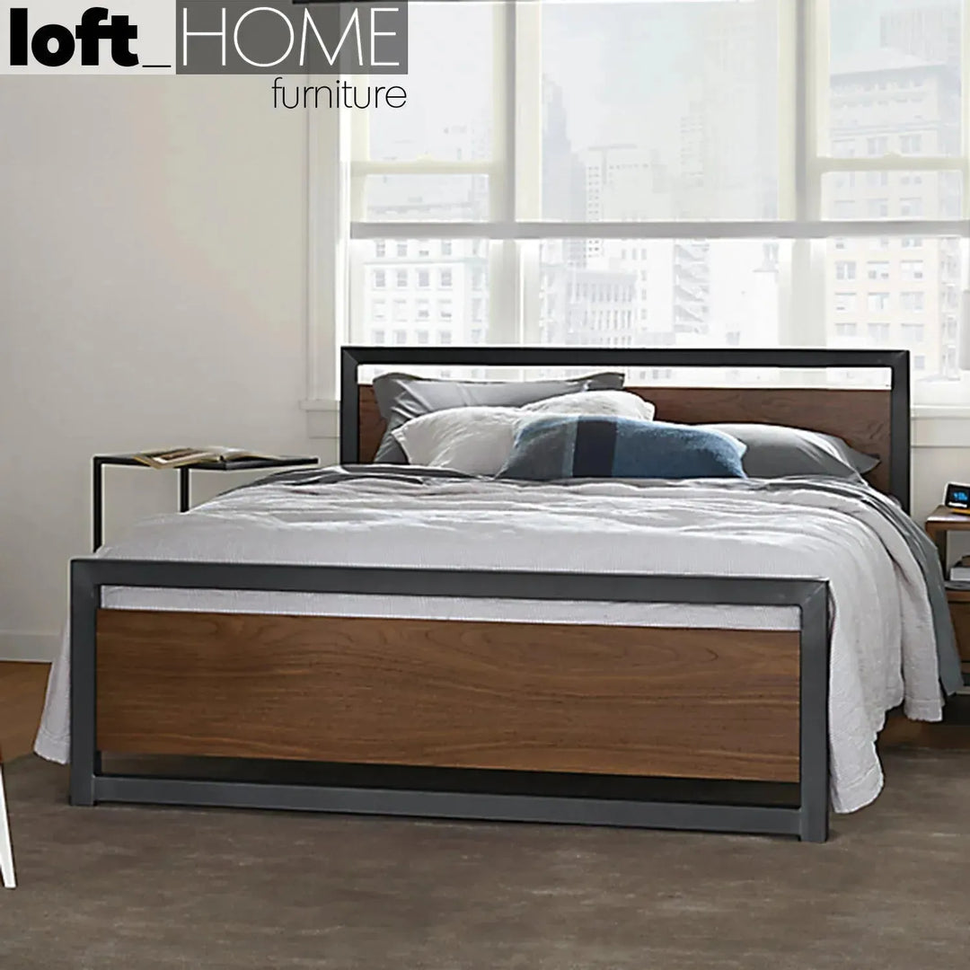 Industrial pine wood bed classic with context.