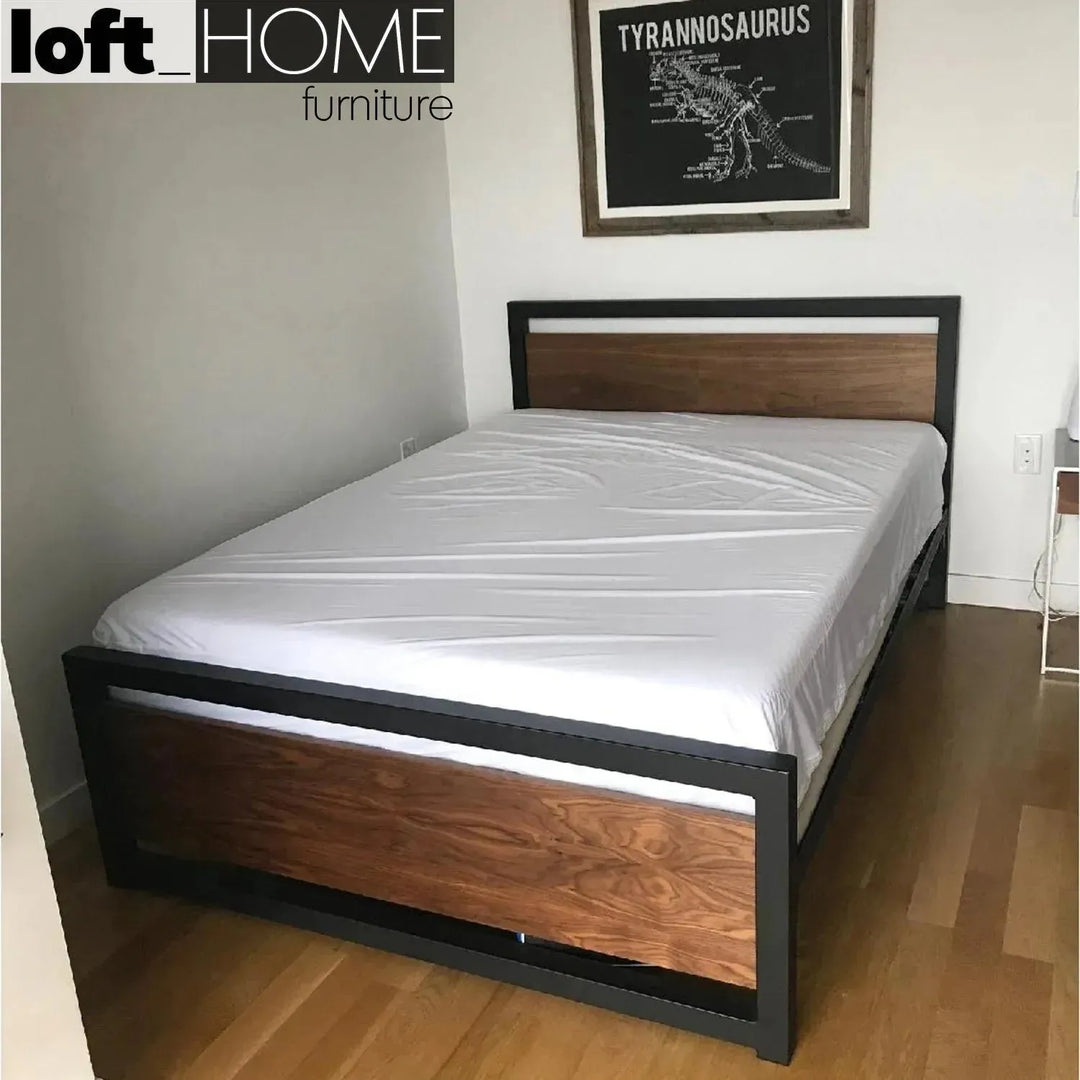 Industrial pine wood bed classic in close up details.