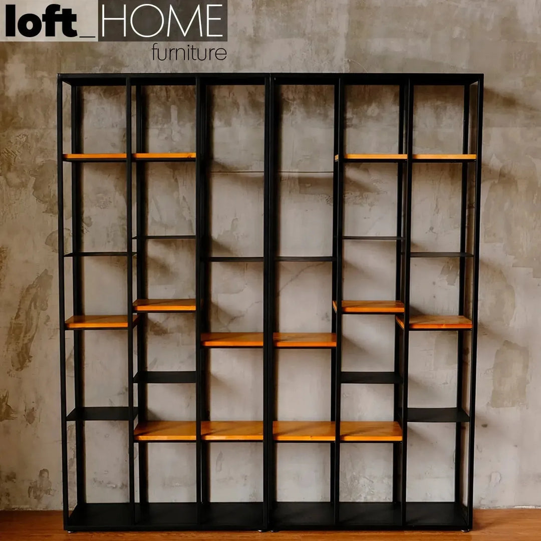 Industrial pine wood display shelf cozy in still life.