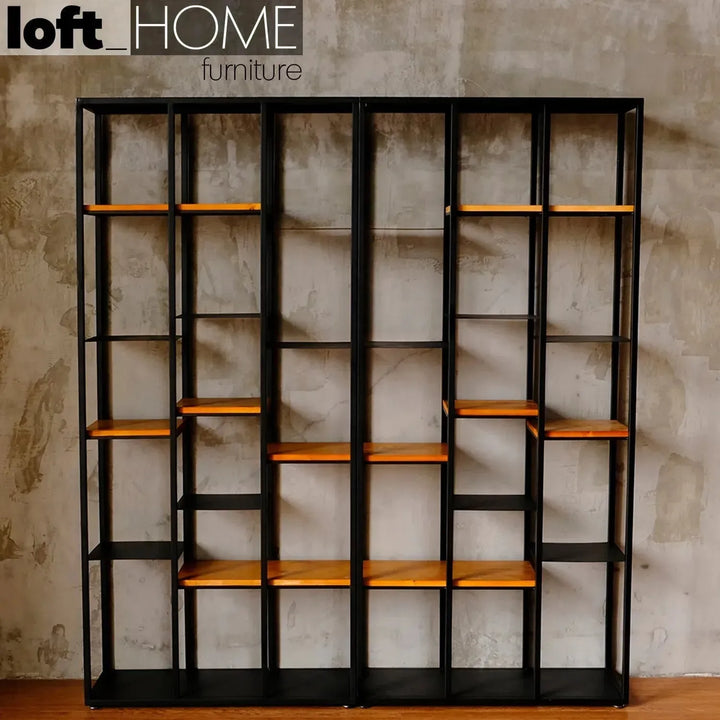 Industrial pine wood display shelf cozy in still life.