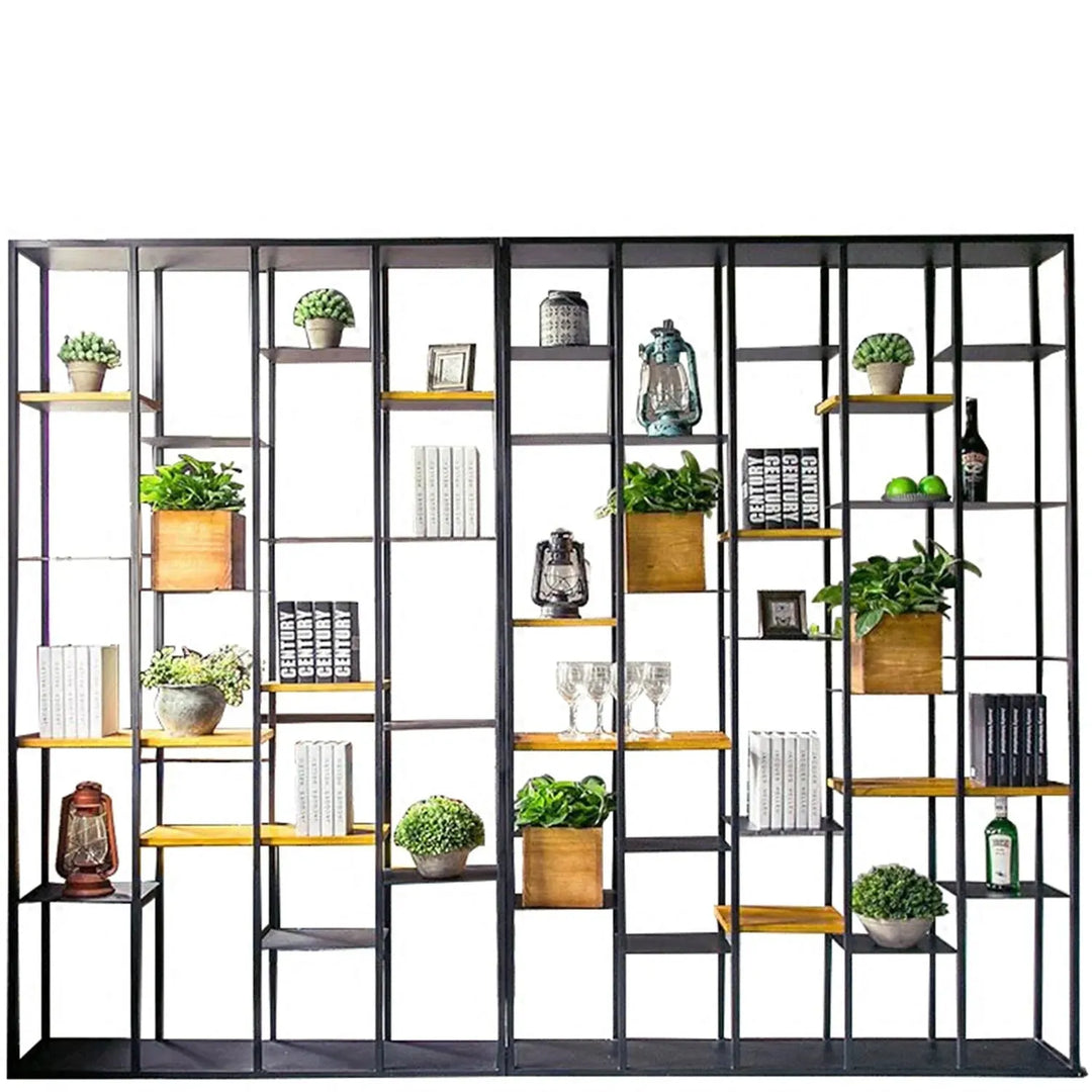 Industrial pine wood display shelf cozy in white background.