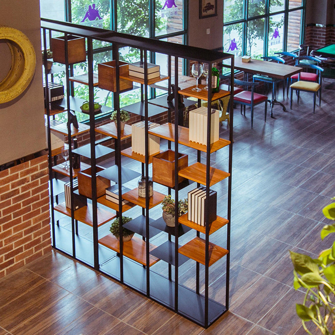 Industrial pine wood display shelf cozy primary product view.