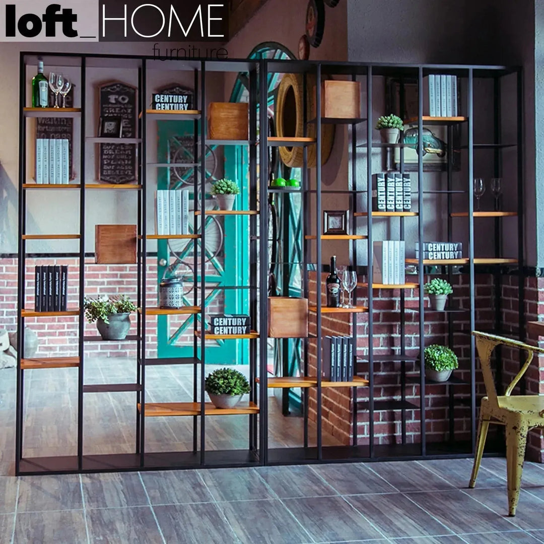 Industrial pine wood display shelf cozy in close up details.