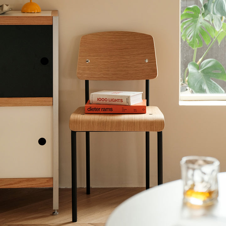 Industrial plywood dining chair standard conceptual design.