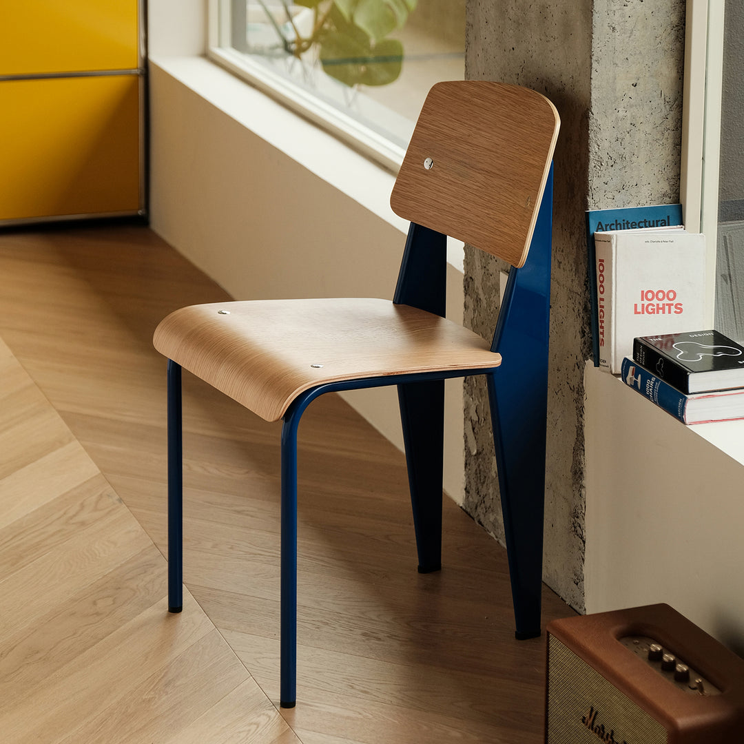 Industrial plywood dining chair standard in close up details.