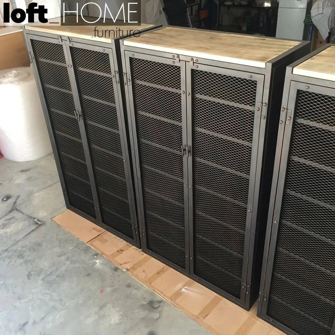 Industrial steel shoe cabinet mysteel in close up details.