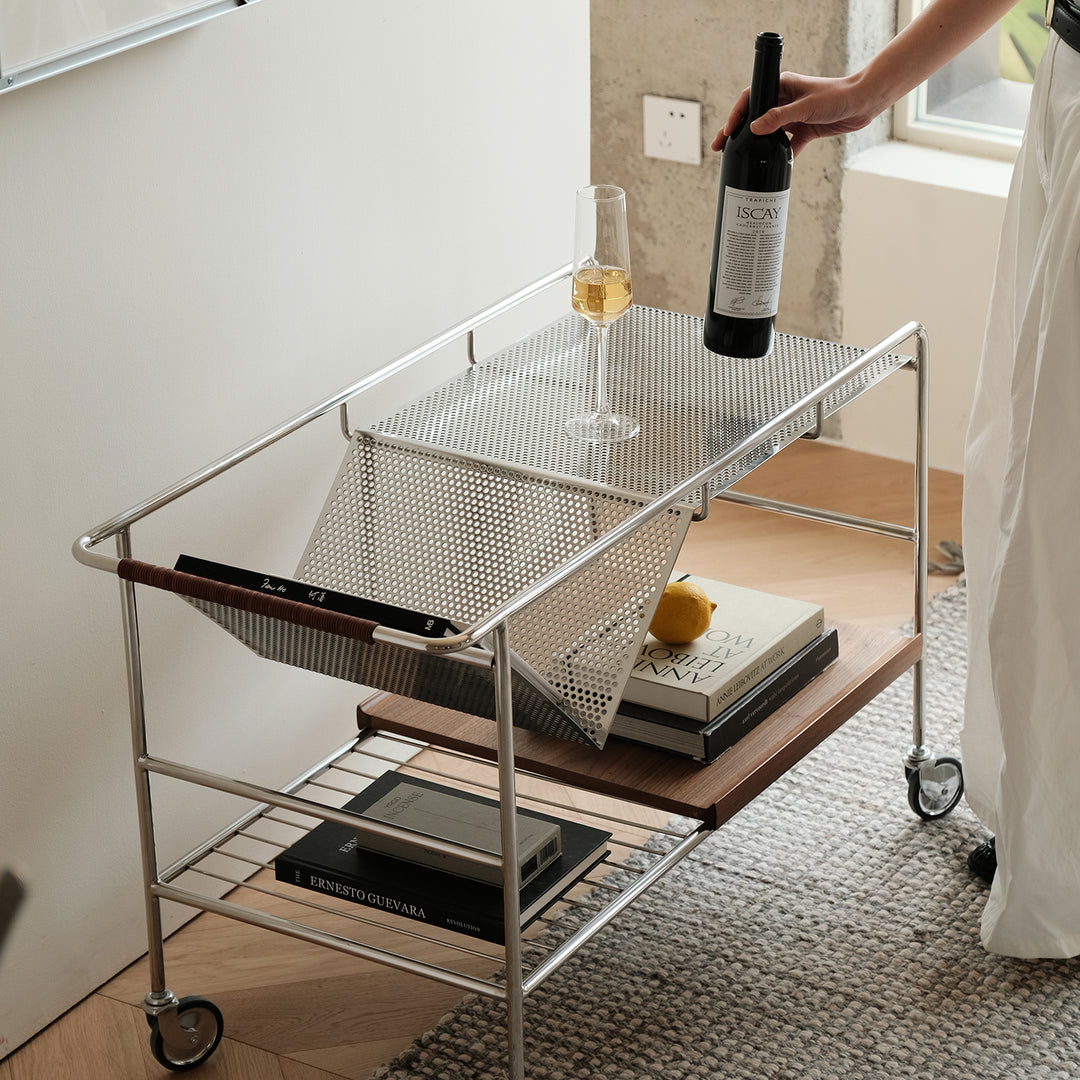 Industrial steel wheeled trolley side table manda primary product view.