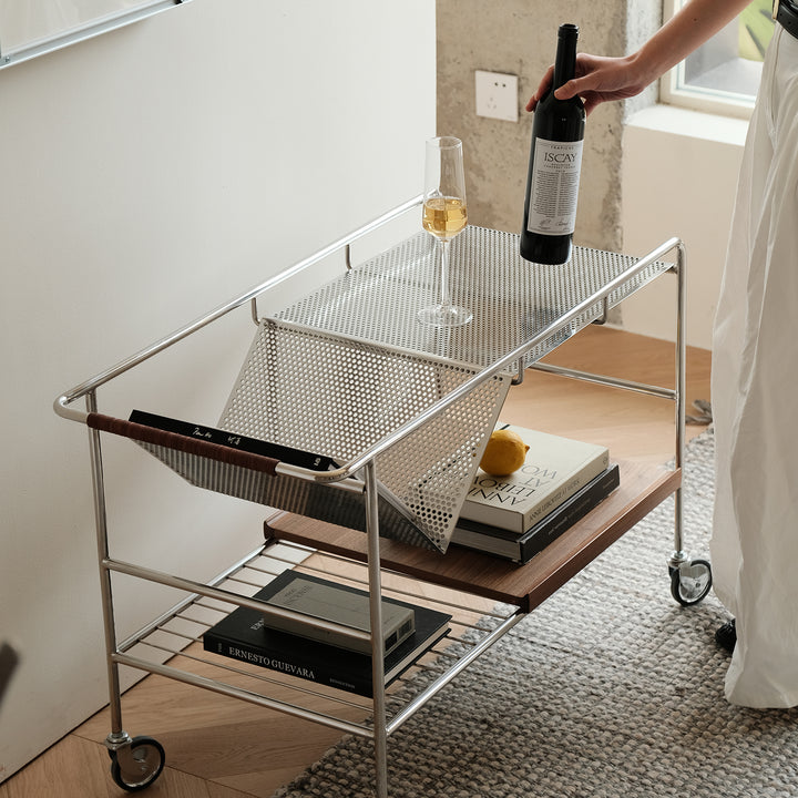 Industrial steel wheeled trolley side table manda primary product view.