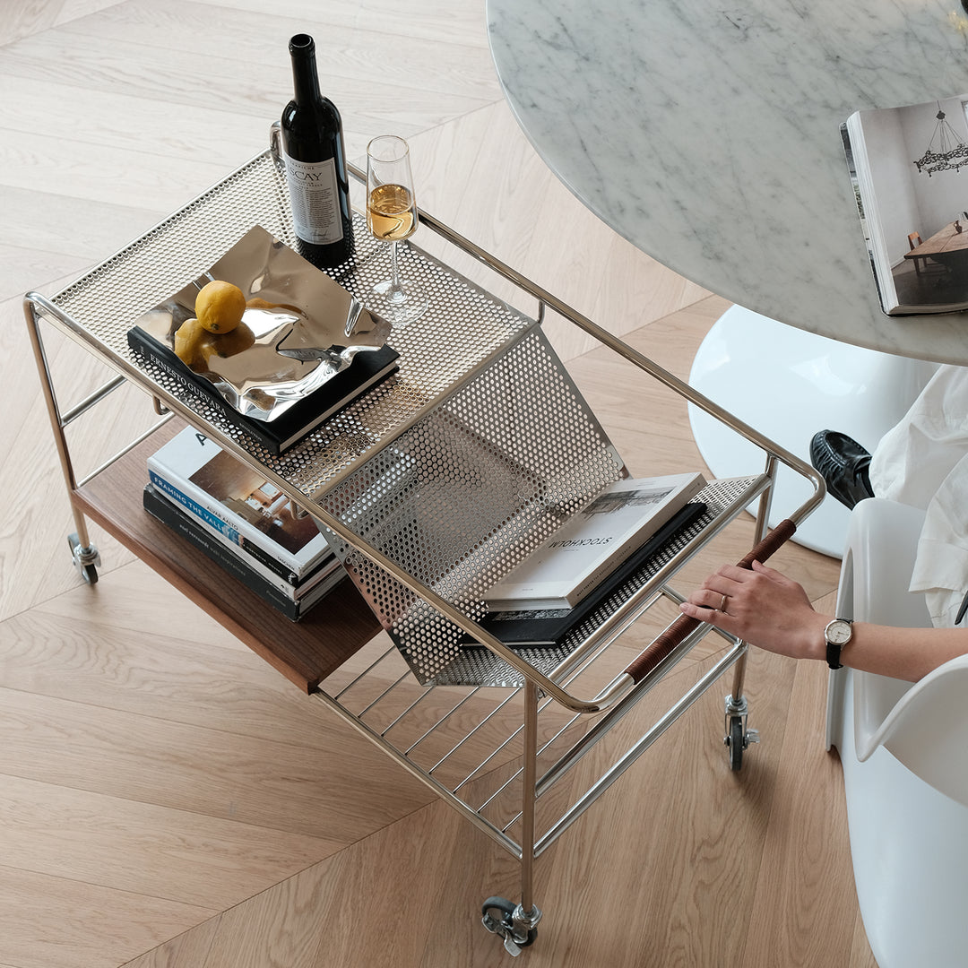 Industrial steel wheeled trolley side table manda color swatches.