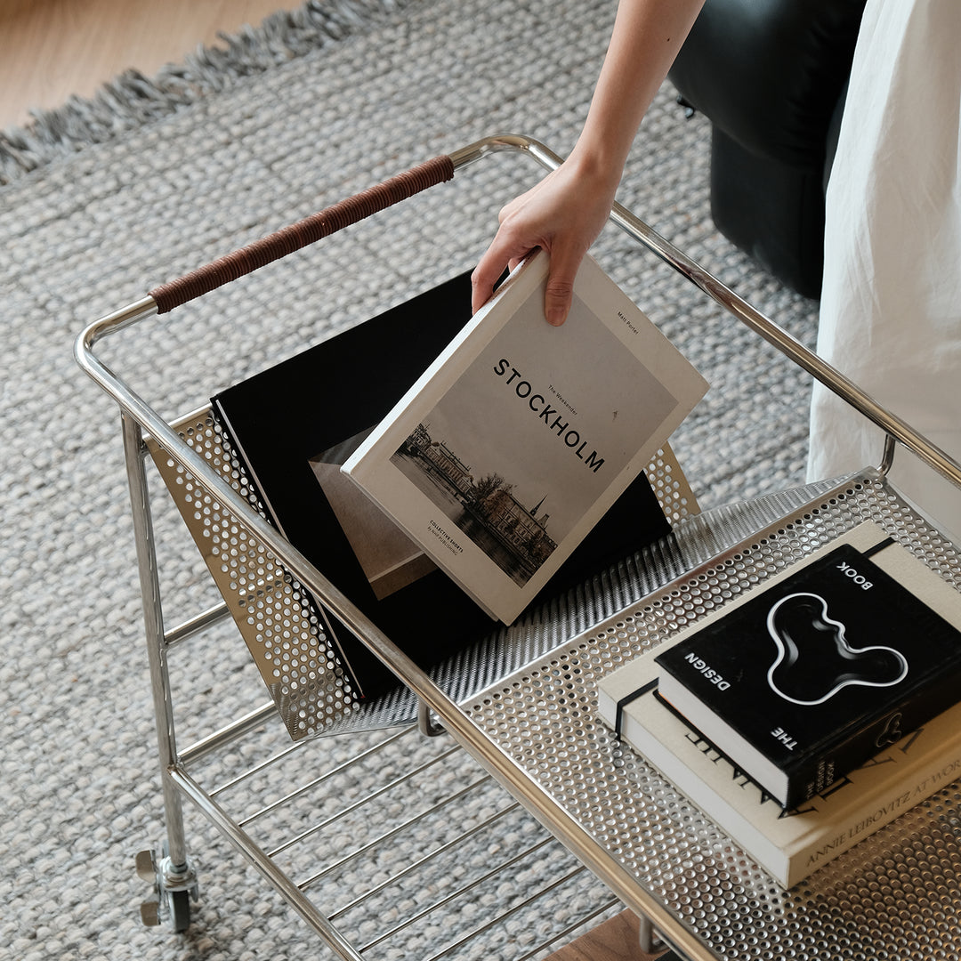 Industrial steel wheeled trolley side table manda material variants.