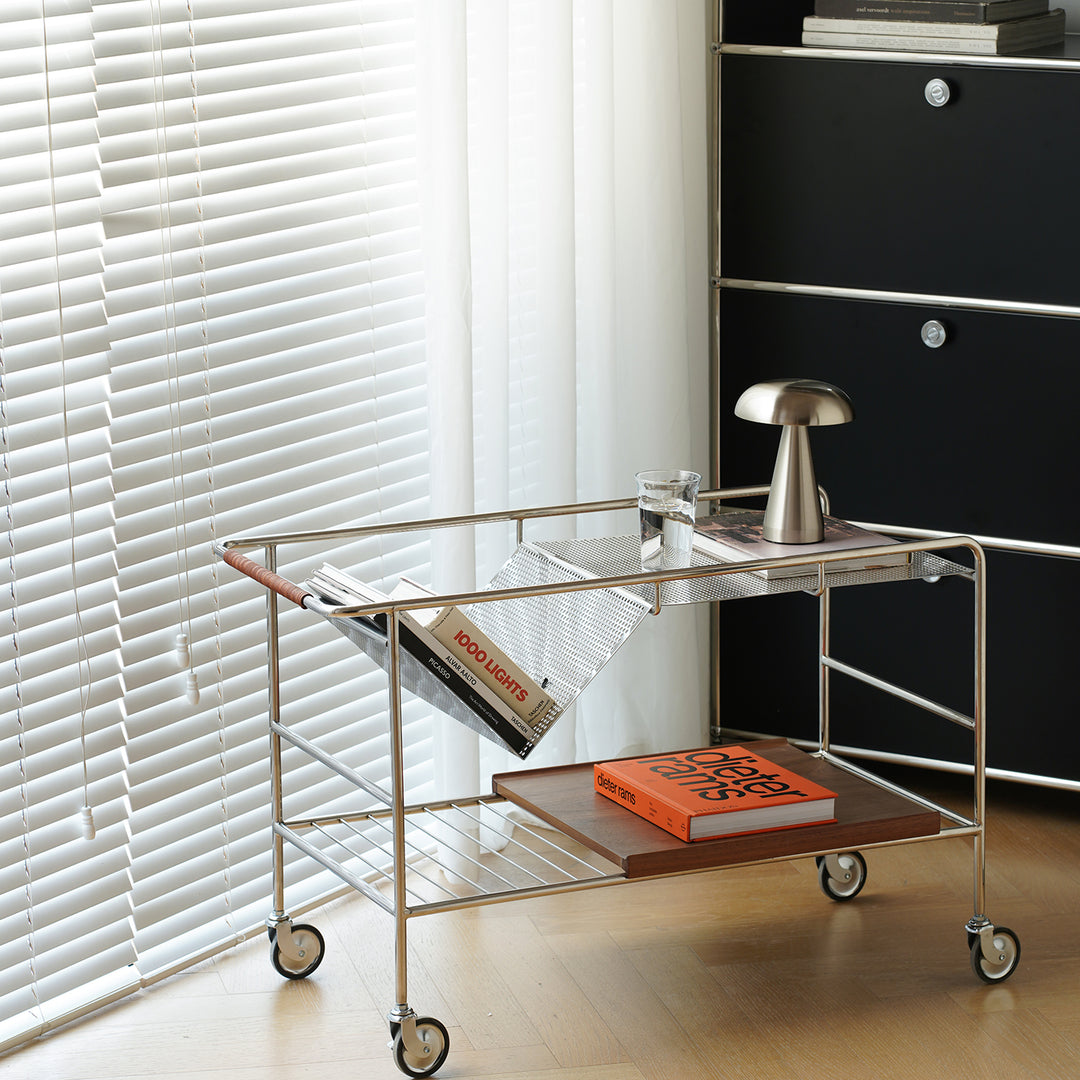 Industrial steel wheeled trolley side table manda in real life style.