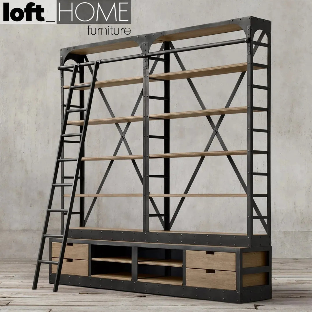 Industrial wood display shelf ladder material variants.