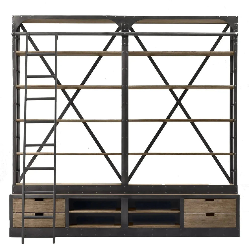 Industrial wood display shelf ladder in white background.